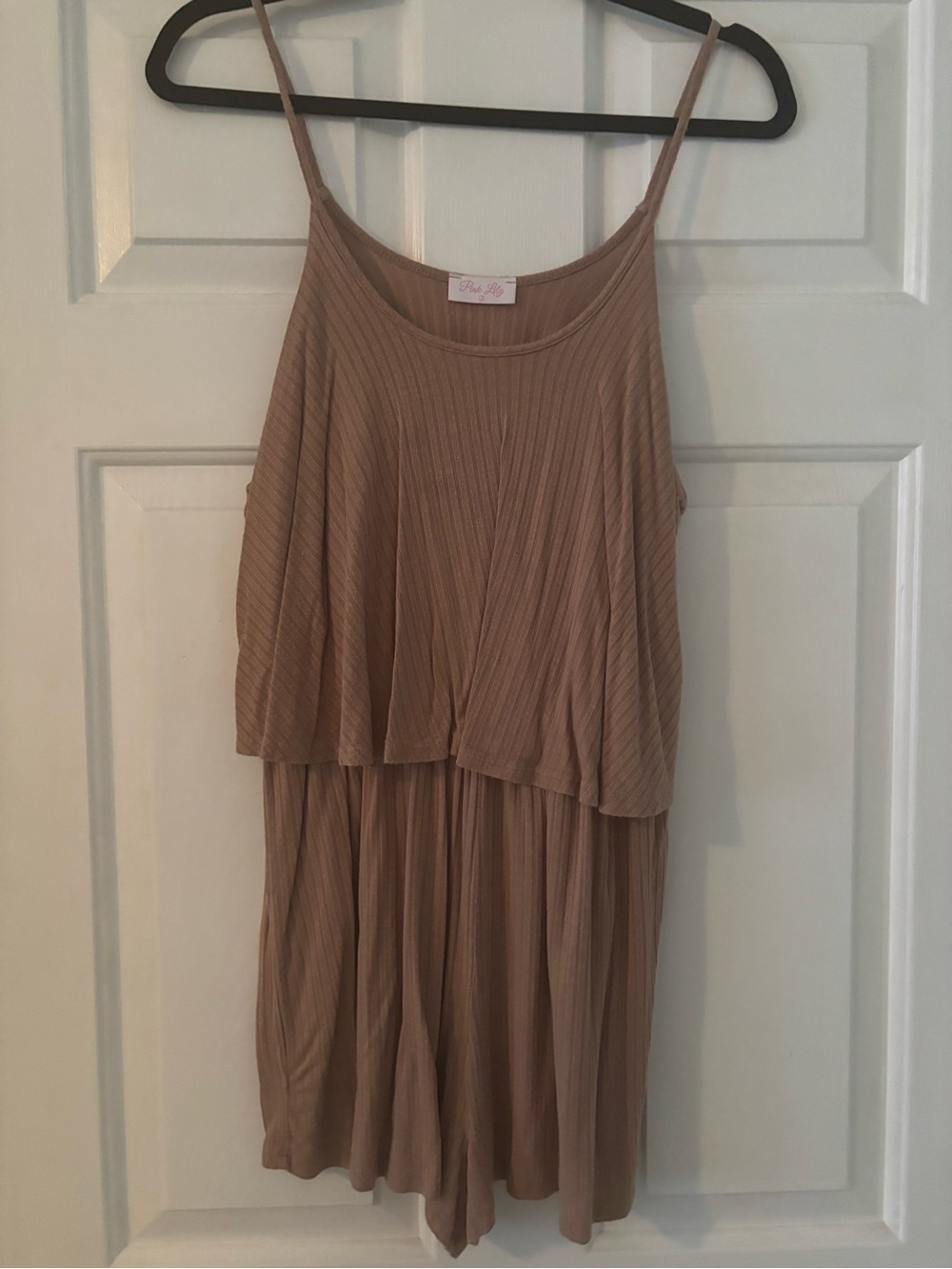 Pink Lily Beige Ribbed Spaghetti-Strap Romper